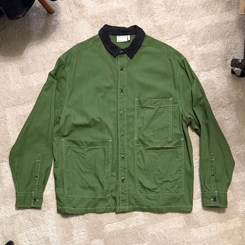 Green Men's Shirt Jacket with Black corduroy Collar